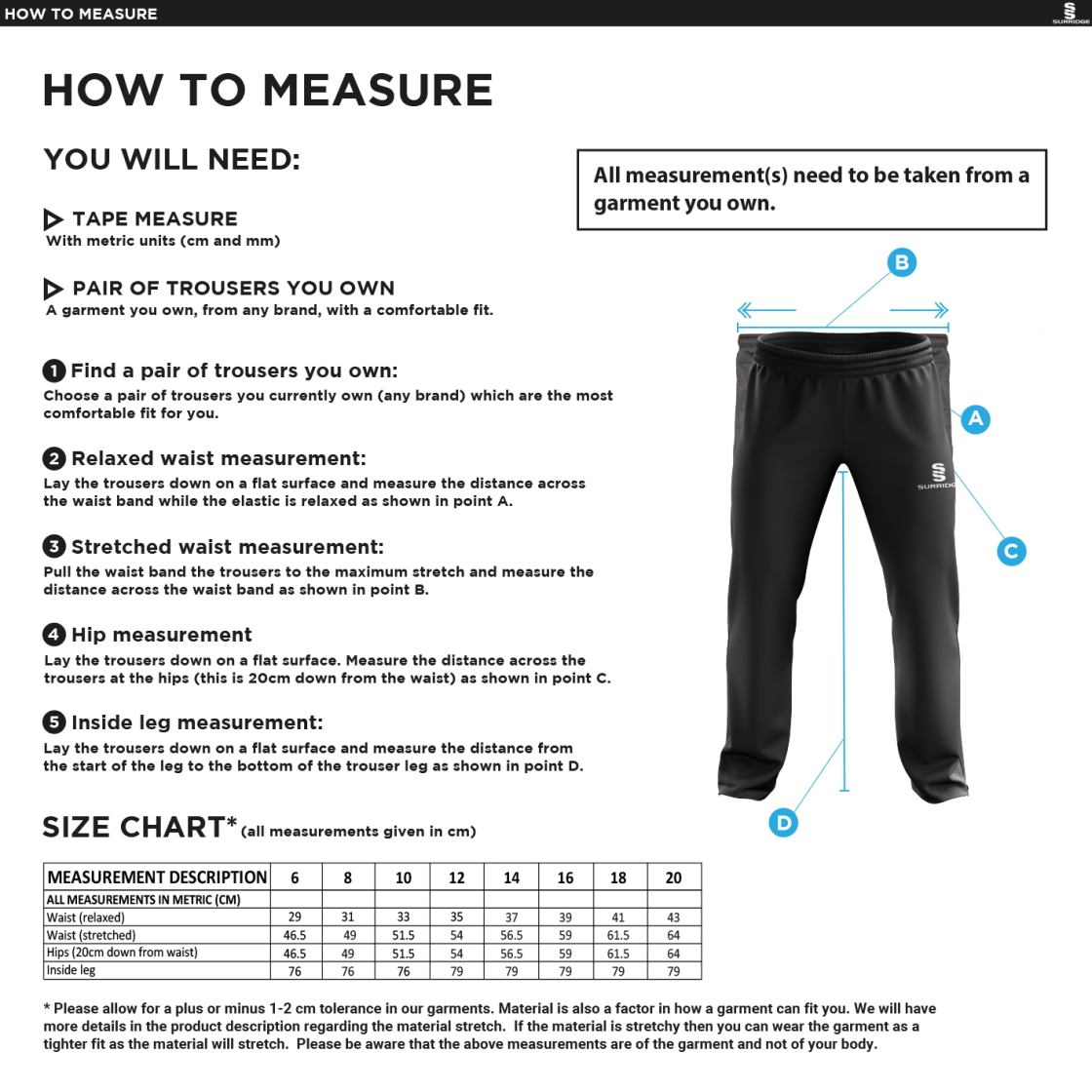 Ulverston CC - Women's Ripstop Track Pant - Size Guide
