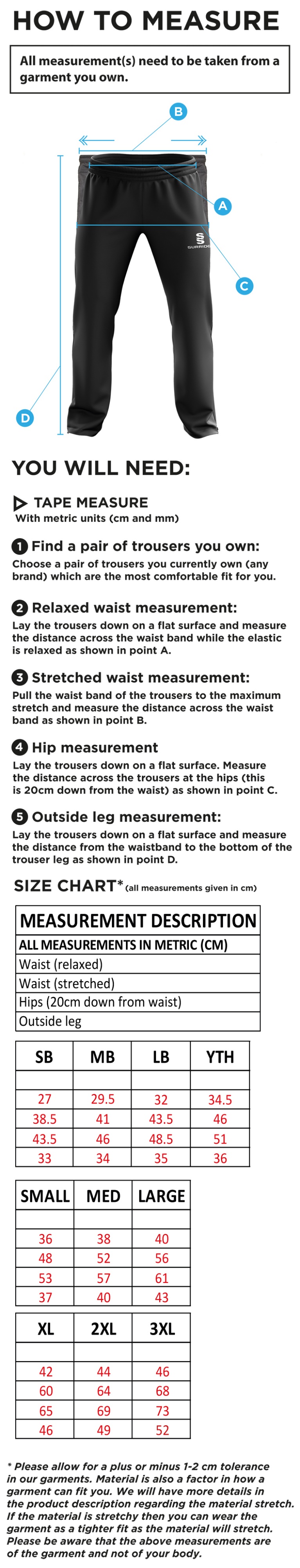 Ulverston CC - Ripstop Track Pant - Size Guide