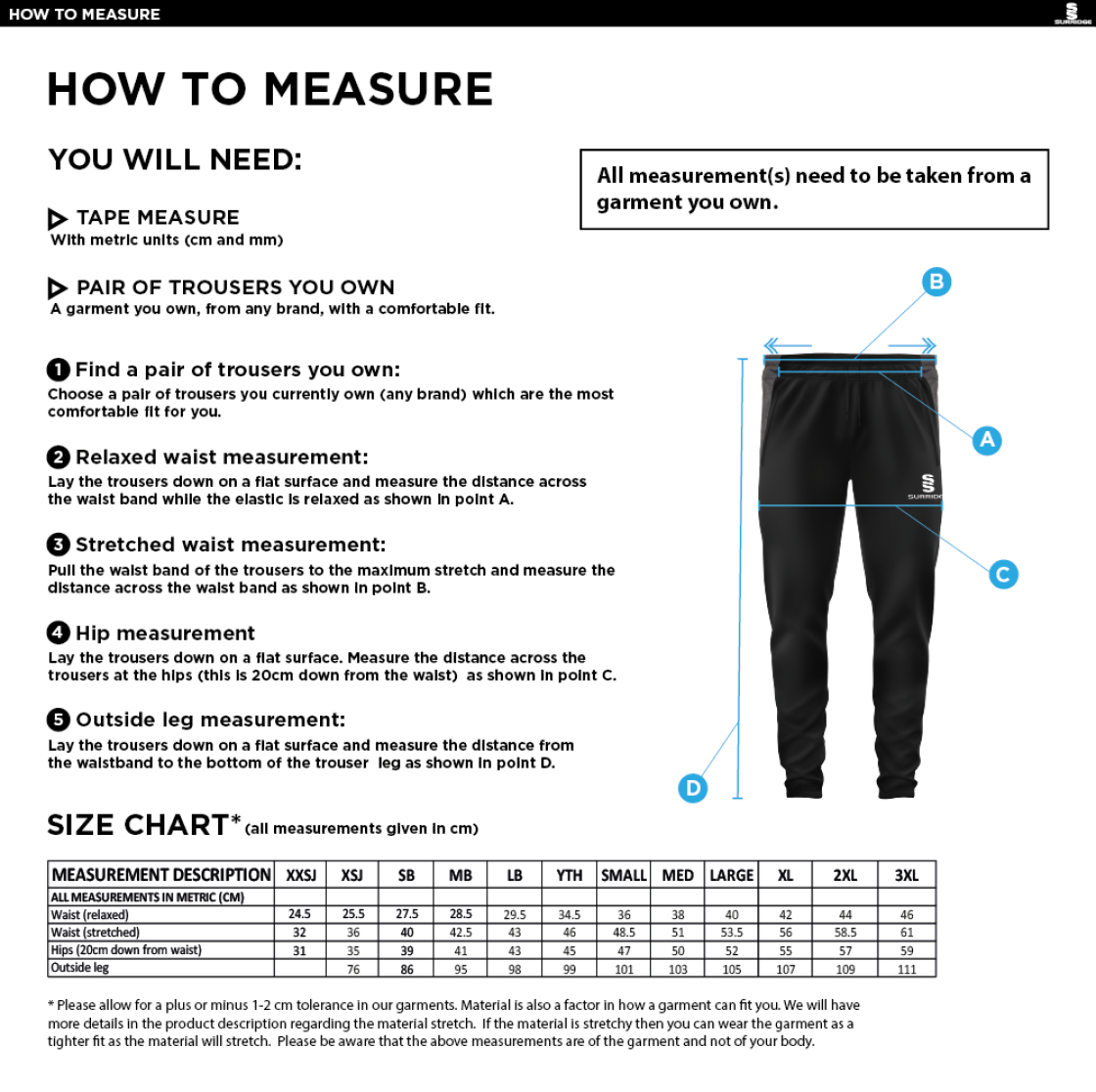 Ulverston CC - Tek Slim Training Pants - Size Guide