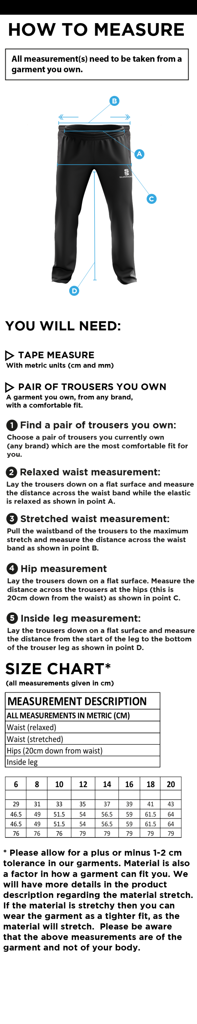 Ulverston CC - Women's Ripstop Track Pant - Size Guide