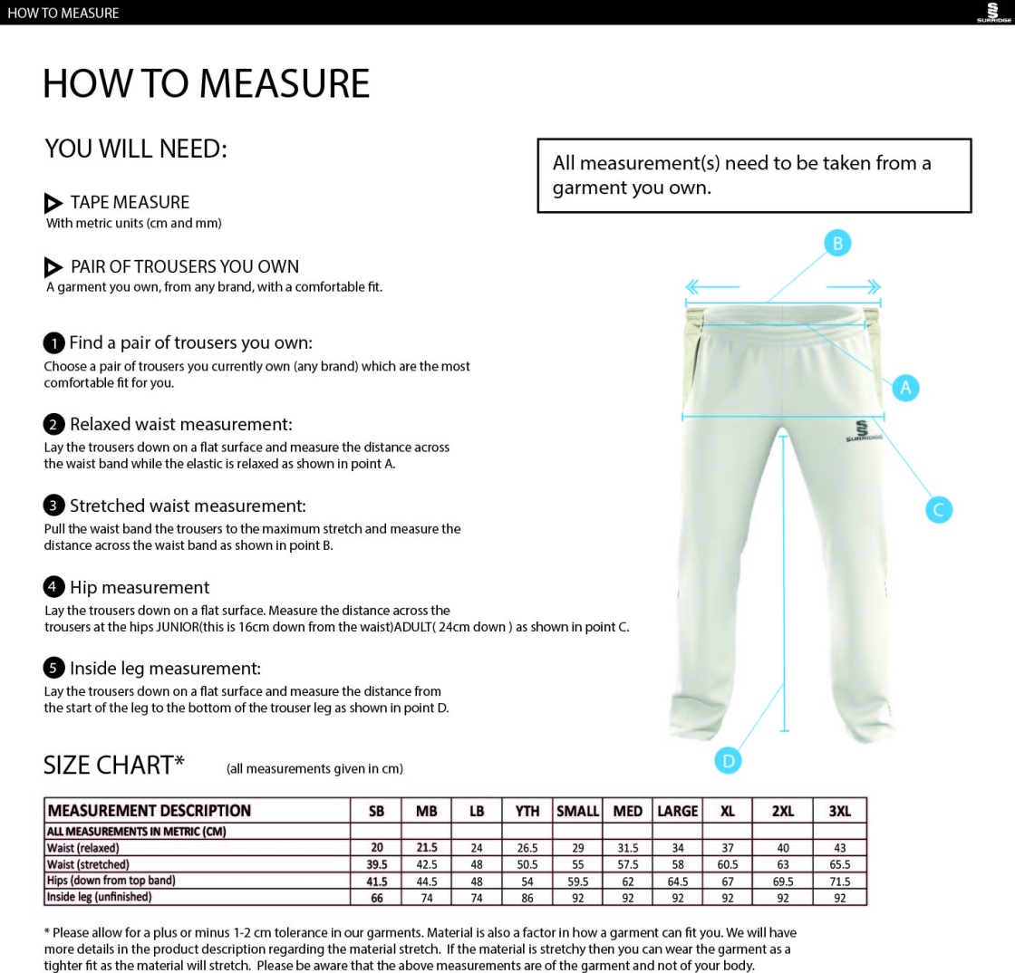 Ulverston CC - Standard Playing Pant - Size Guide