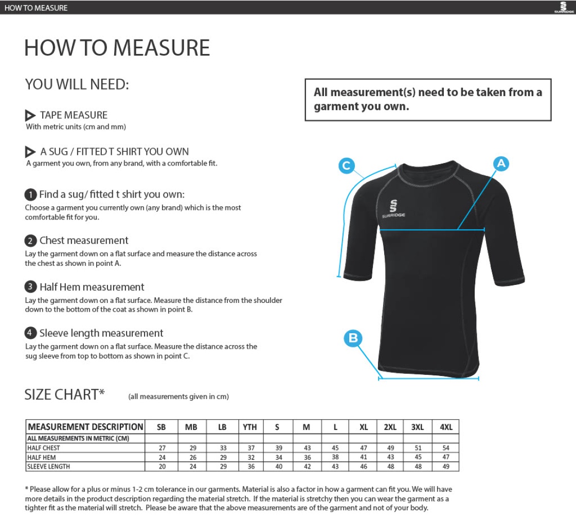 Ulverston CC - Premier Short Sleeve Sug - Size Guide