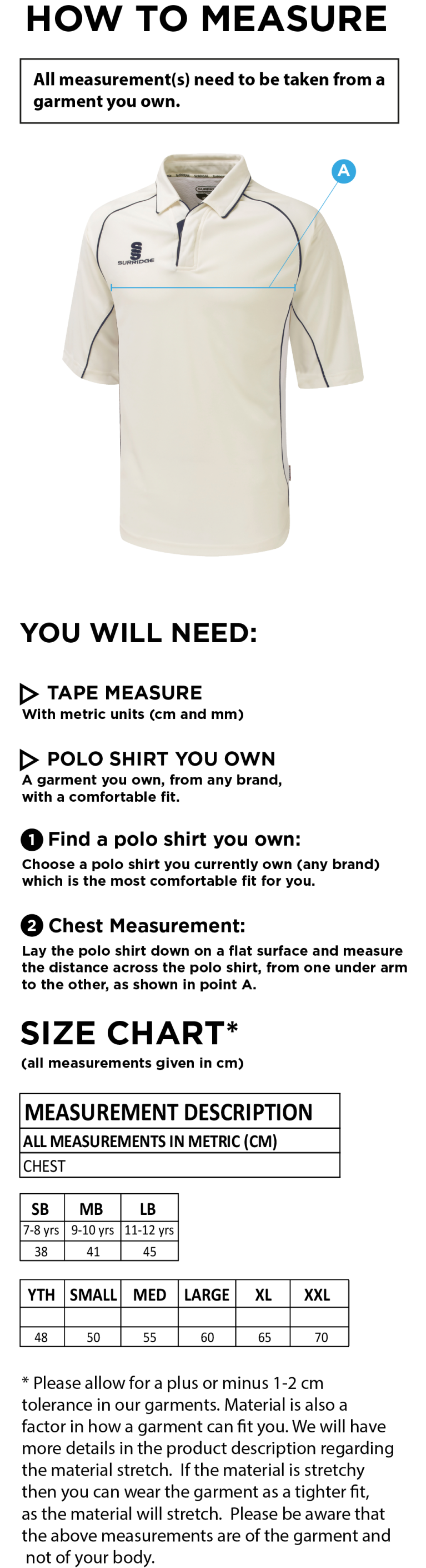 Ulverston CC - Premier 3/4 Sleeve Navy Trim Shirt - Size Guide