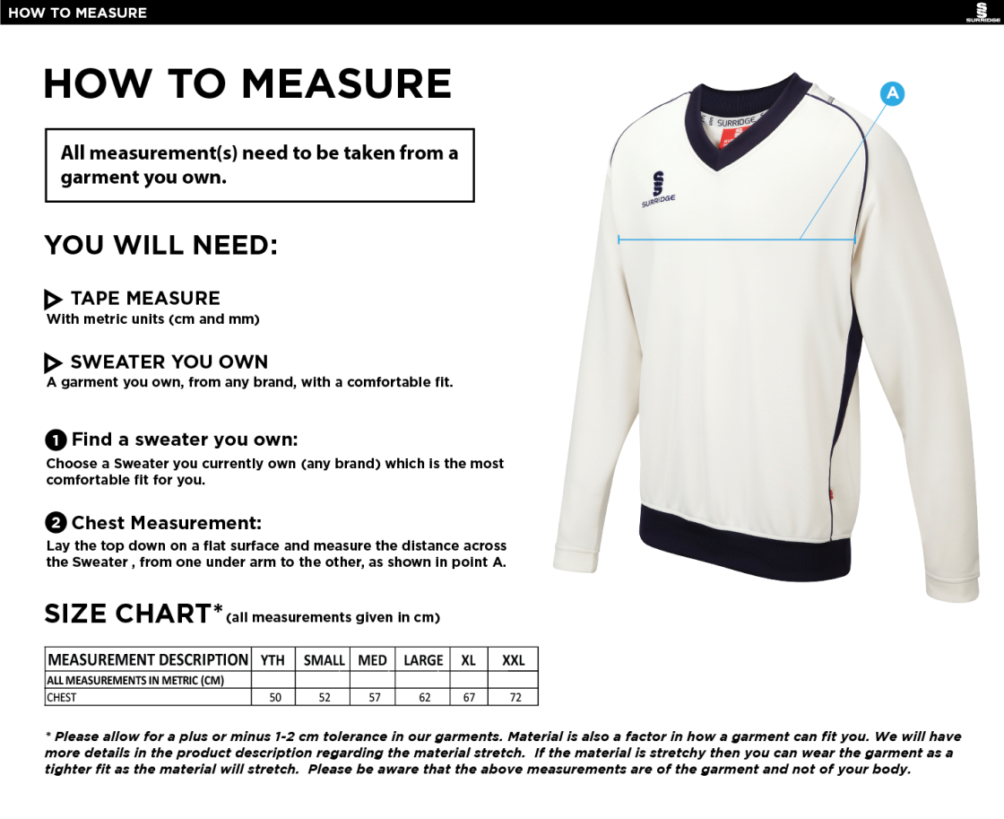 Ulverston CC - Long Sleeve Sweater Navy Trim - Size Guide