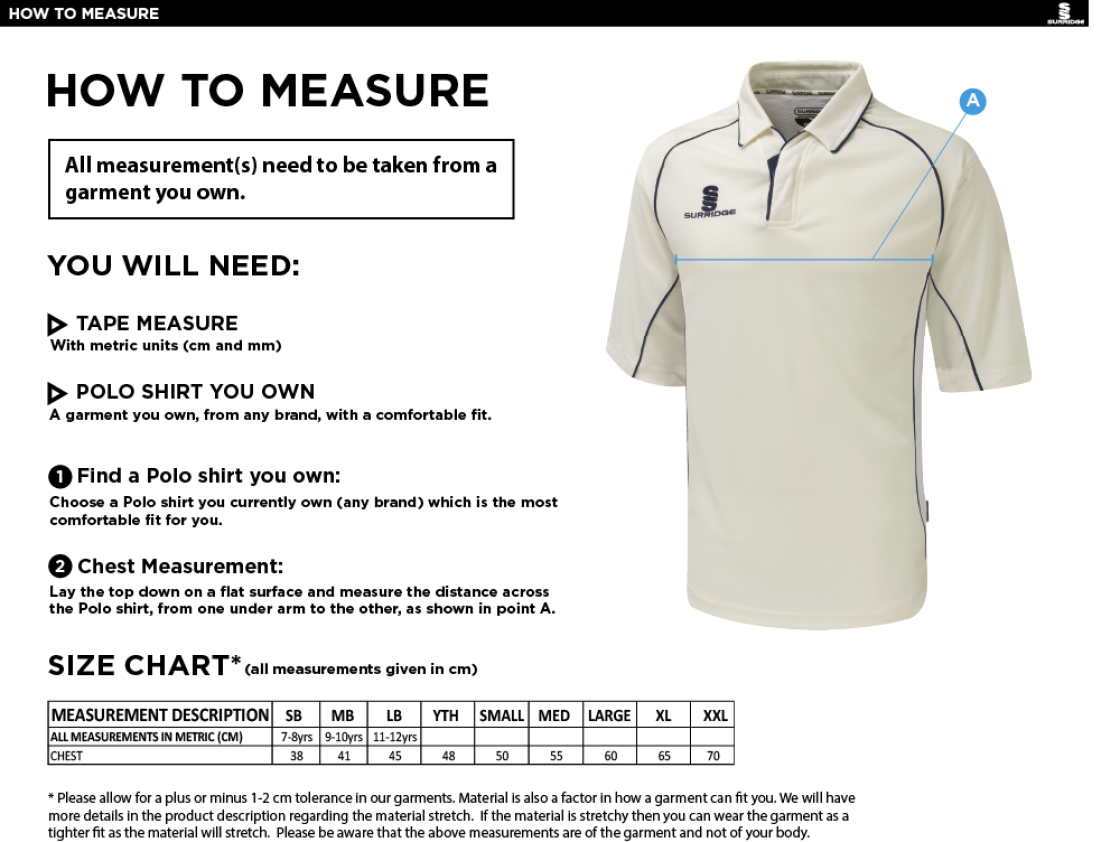 Ulverston CC - Premier 3/4 Sleeve Navy Trim Shirt - Size Guide
