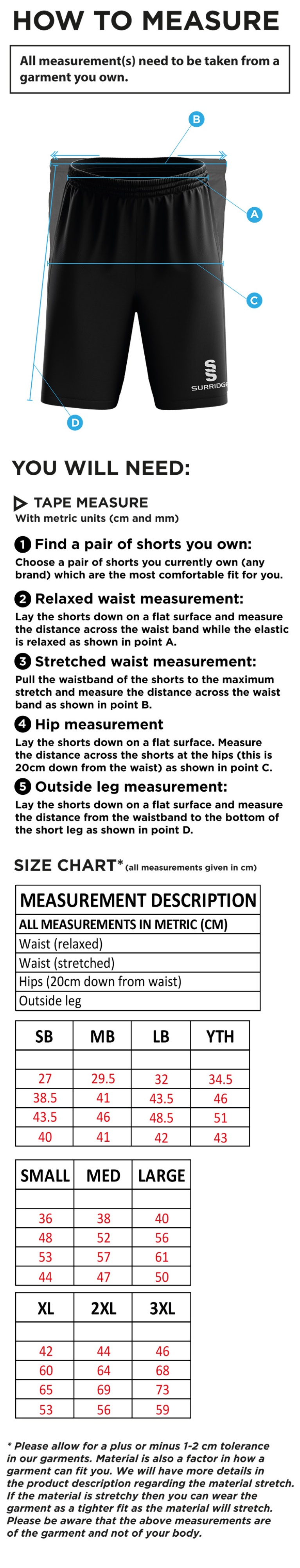 Ulverston CC - Ripstop Short - Size Guide
