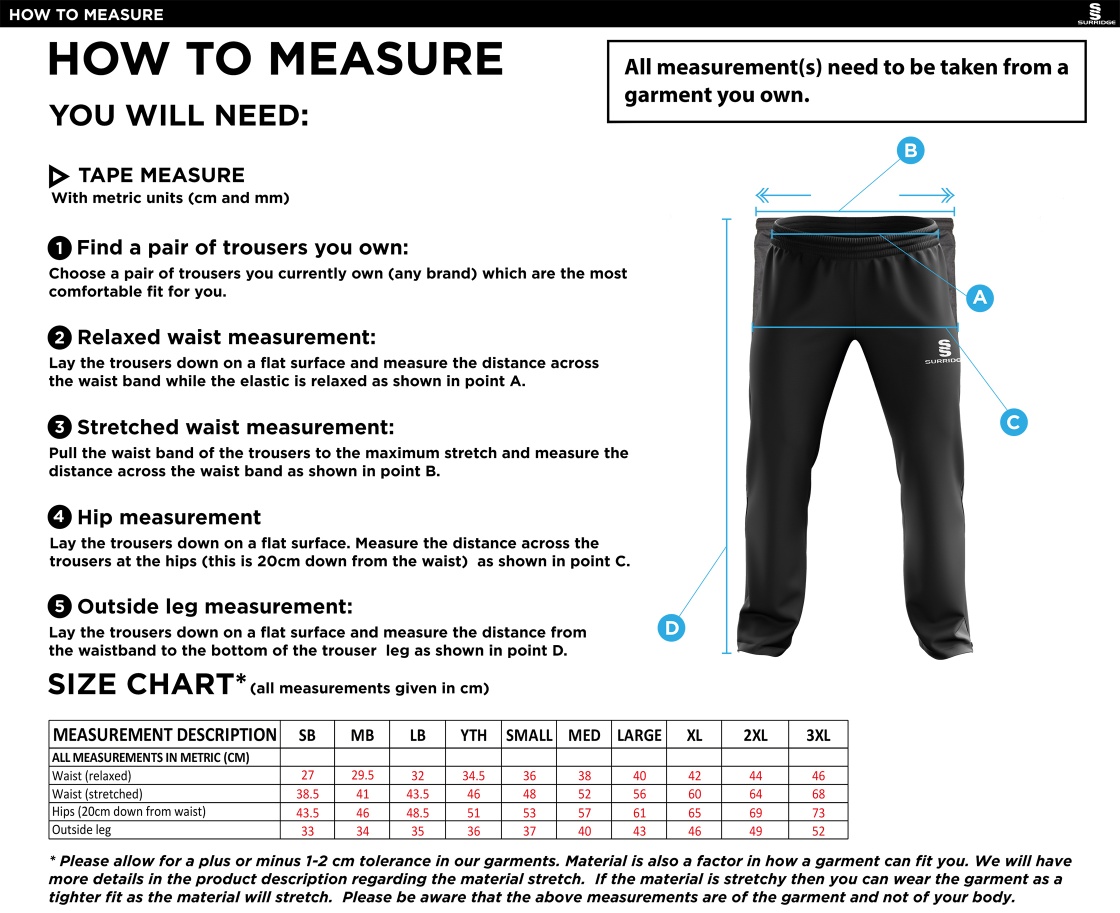 Ulverston CC - Ripstop Track Pant - Size Guide