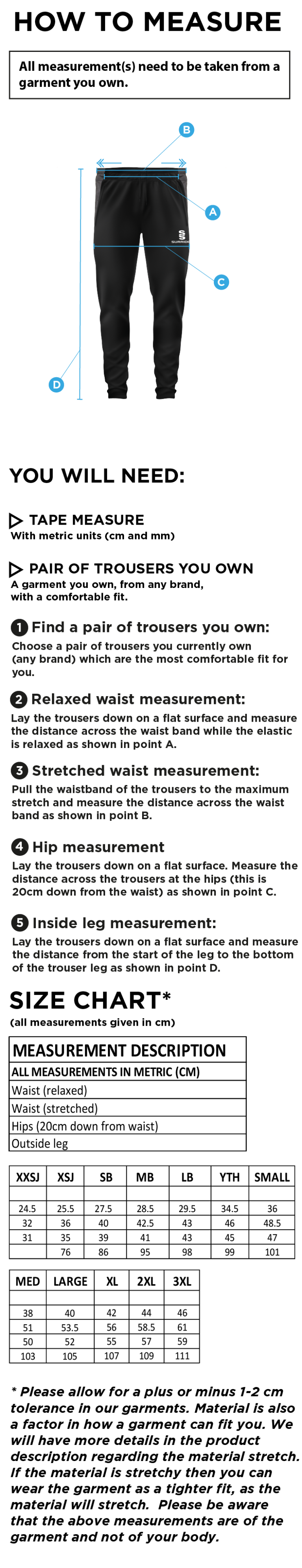 Ulverston CC - Tek Slim Training Pants - Size Guide