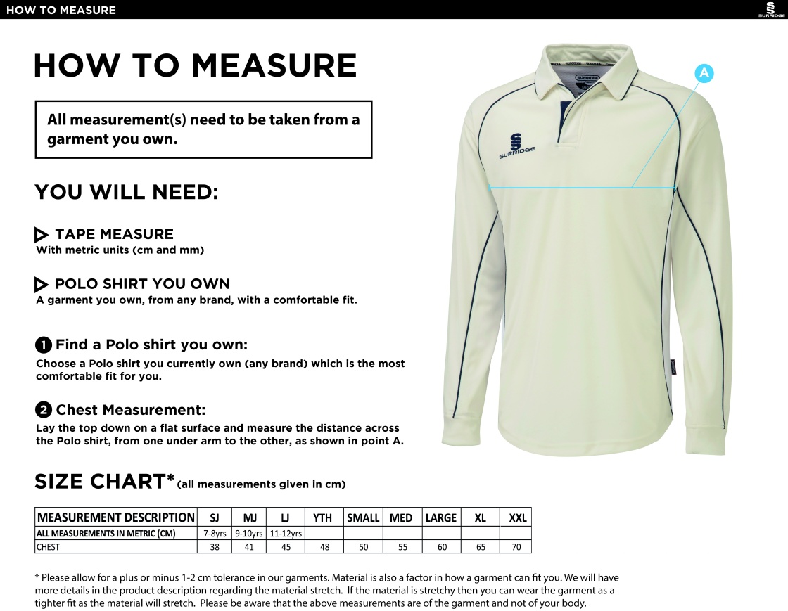 Ulverston CC - Premier Long Sleeve Navy Trim Shirt - Size Guide