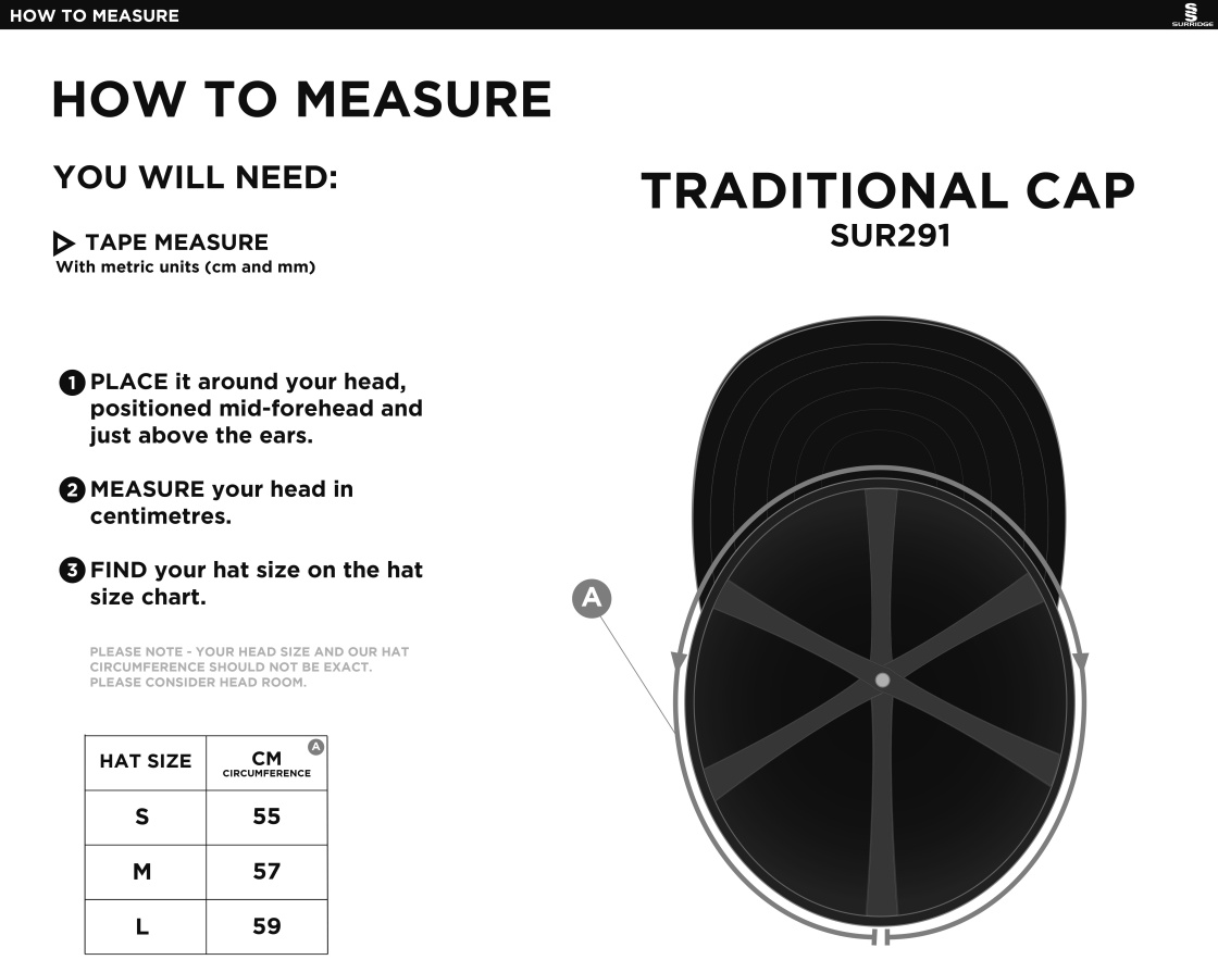 Ulverston CC - English Playing Cap - Size Guide