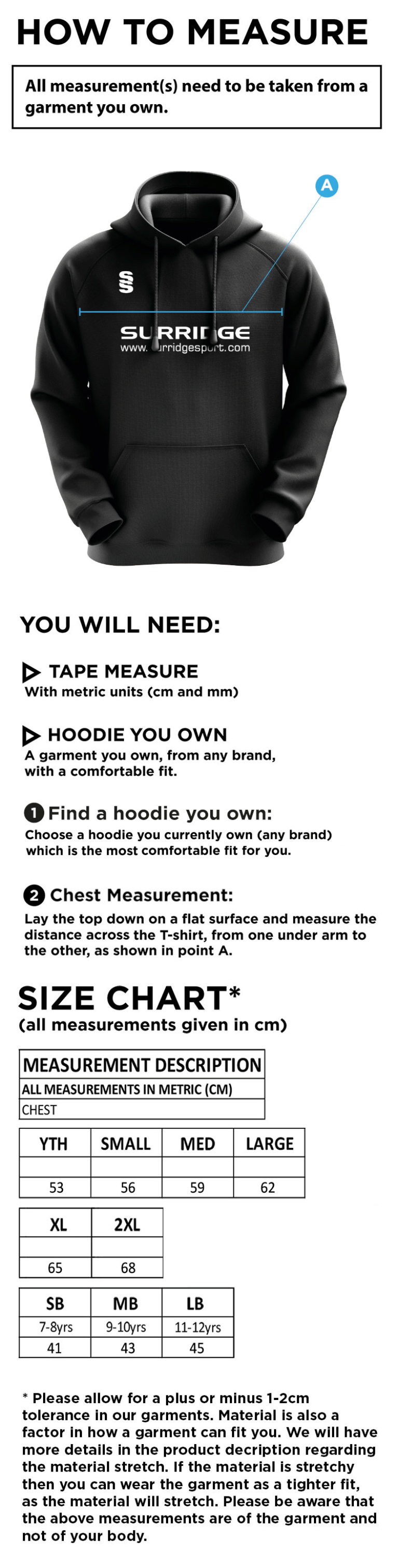 Ulverston CC - Blade Hoody - Size Guide