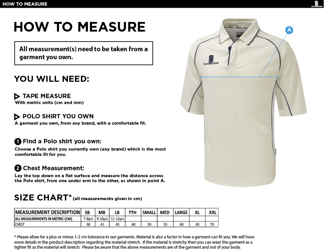 Ulverston CC - Premier 3/4 Sleeve Navy Trim Shirt - Size Guide