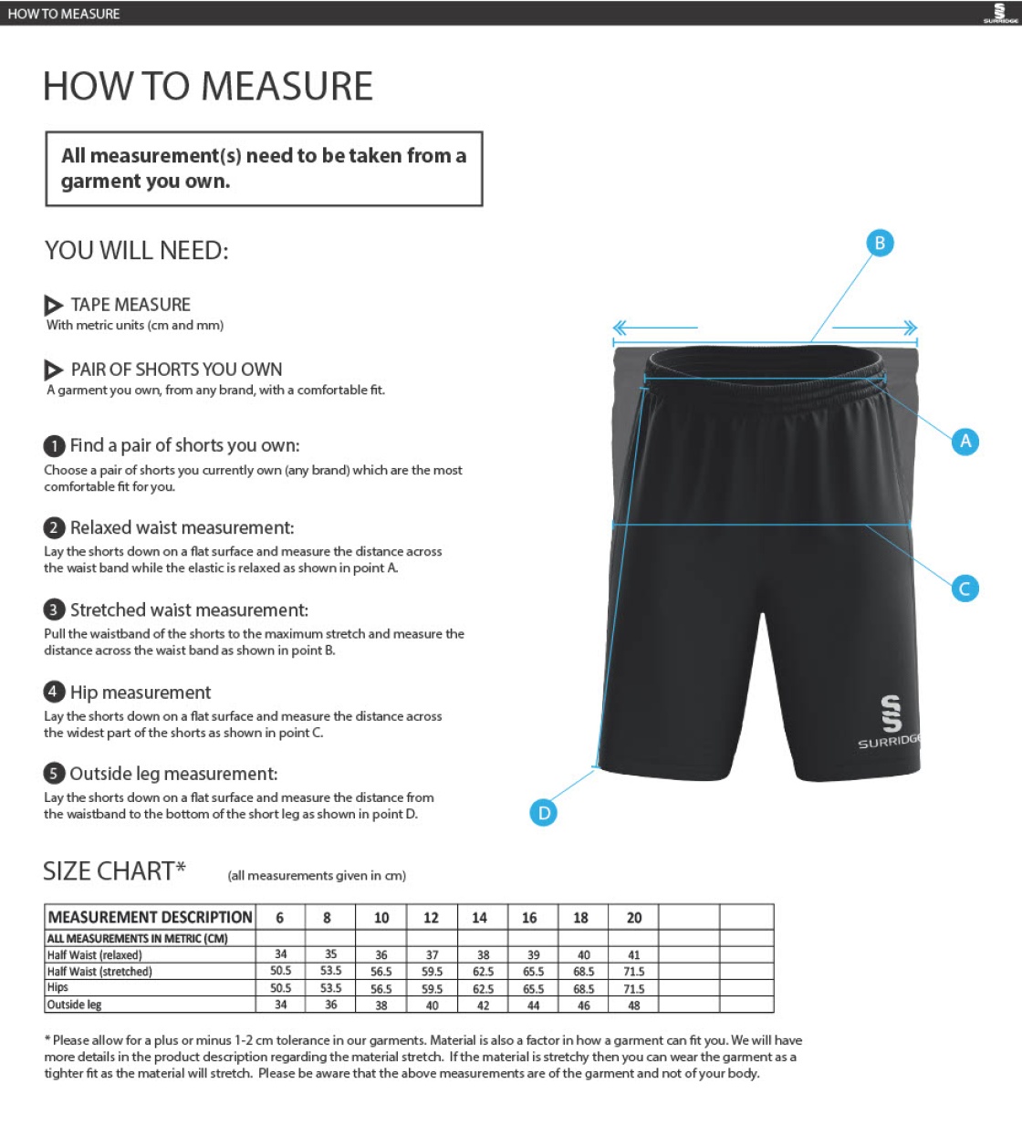 Ulverston CC - Women's Ripstop Short - Size Guide