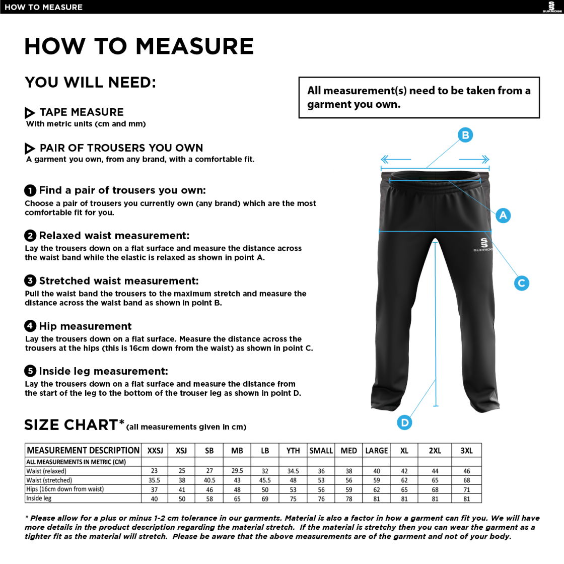 Ulverston CC - Poplin Track Pant - Size Guide