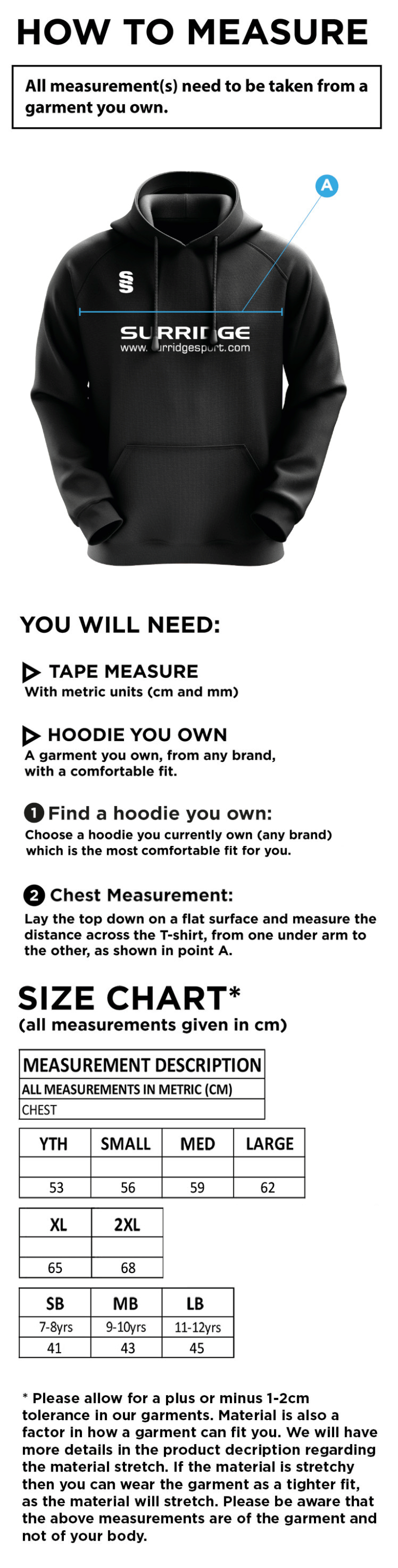 Ulverston CC - Blade Hoody - Size Guide
