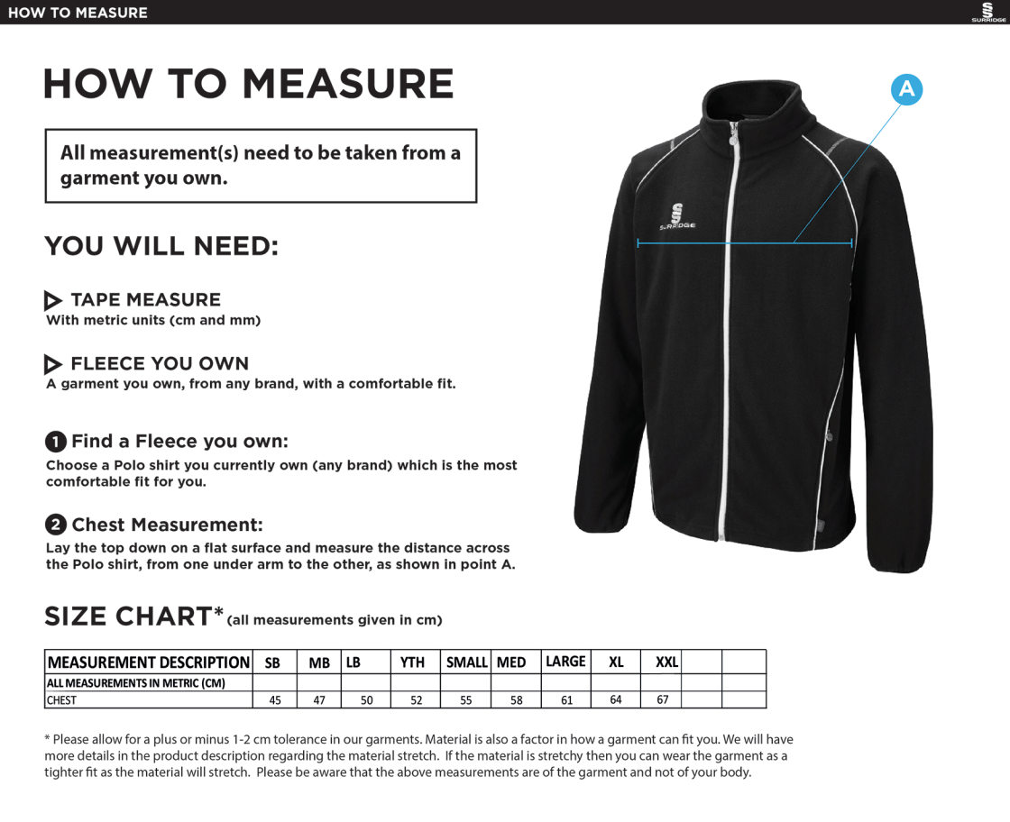 Ulverston CC - Curve Full Zip Fleece Jacket - Size Guide