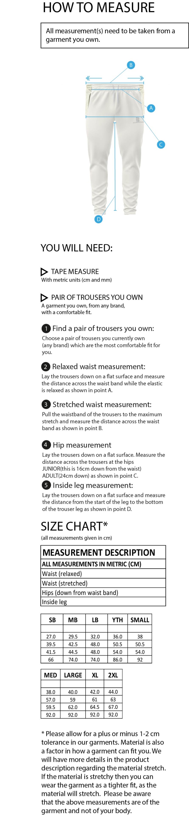 Ulverston CC - Ergo Playing Pant - Size Guide
