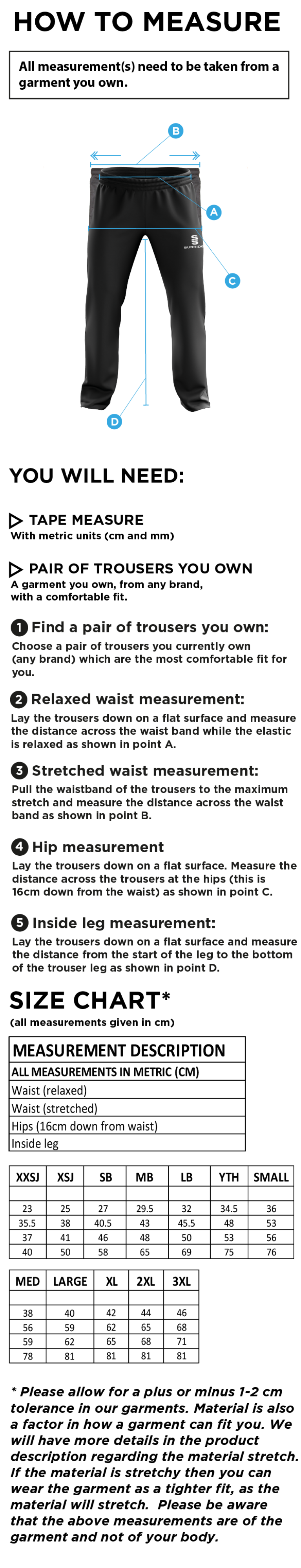 Ulverston CC - Poplin Track Pant - Size Guide