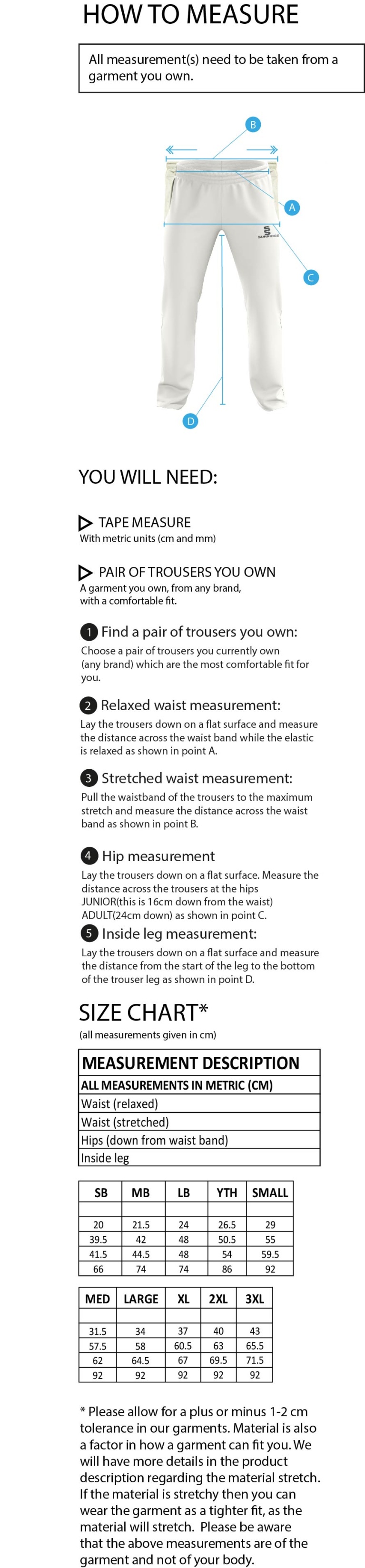 Ulverston CC - Standard Playing Pant - Size Guide