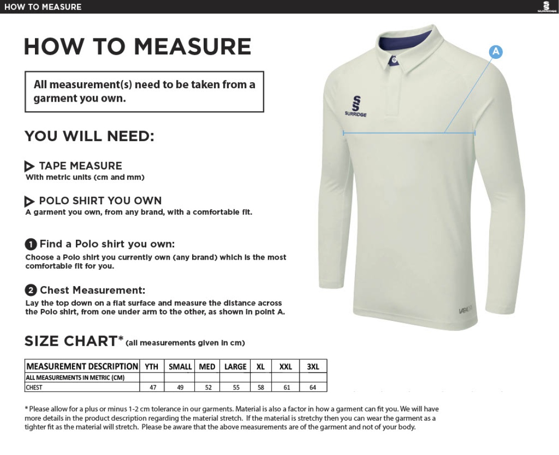 Ulverston CC - Ergo Long Sleeve Navy Trim Shirt - Size Guide