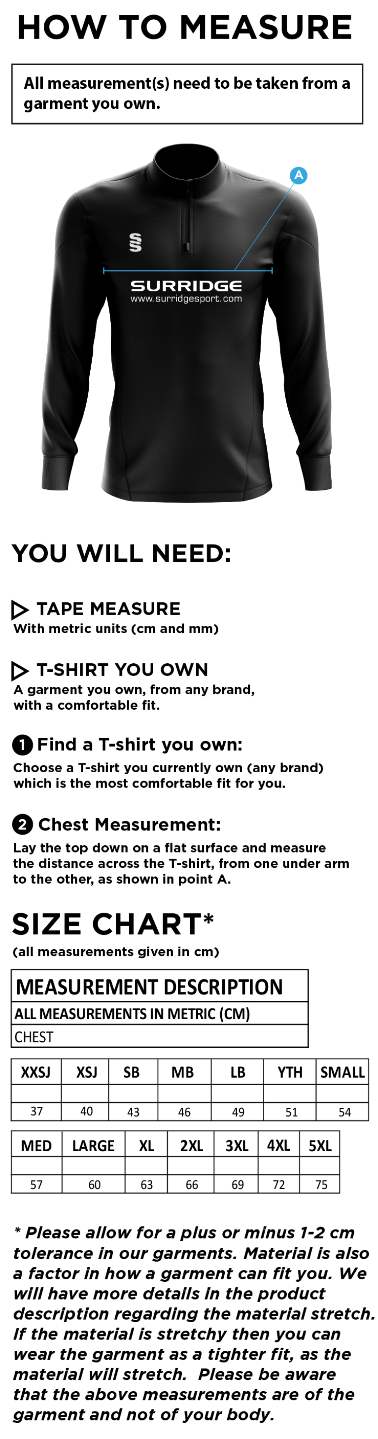 Ulverston CC - Blade Performance Top - Size Guide