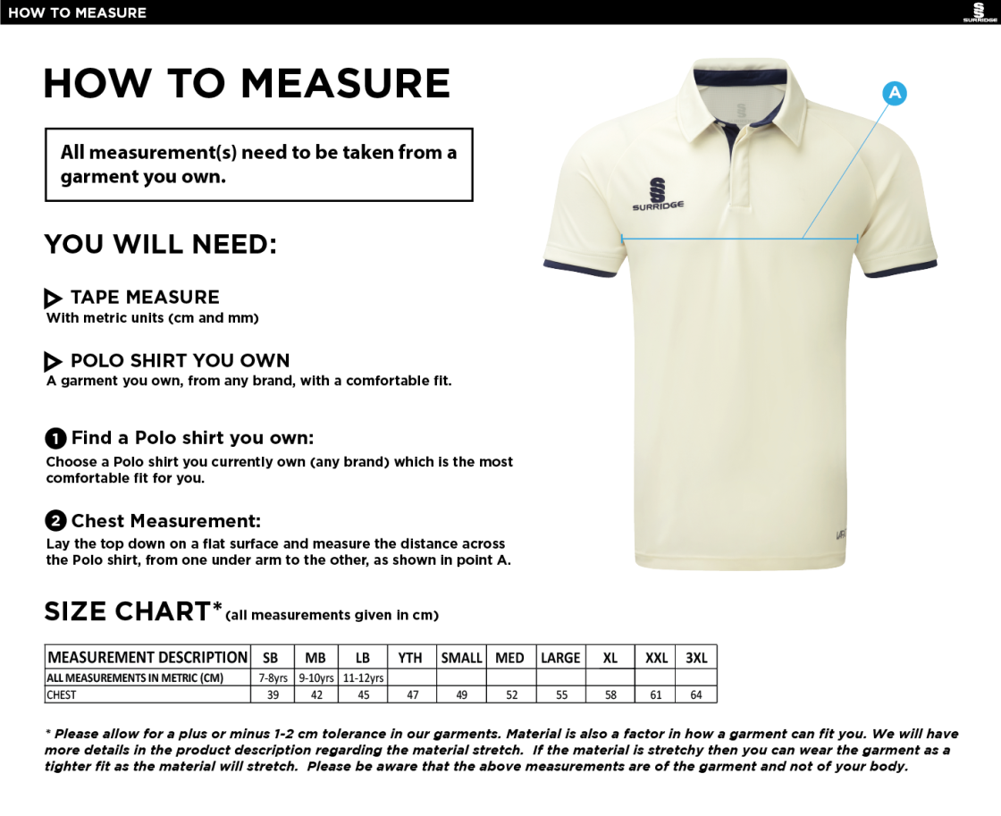 Ulverston CC - Ergo Short Sleeve Navy Trim Shirt - Size Guide